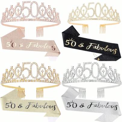2pcs/Set "50 & Fabulous" Birthday Tiara And Sash Kit- 50th Birthday Gifts For Women 50th Birthday Party Decorations
