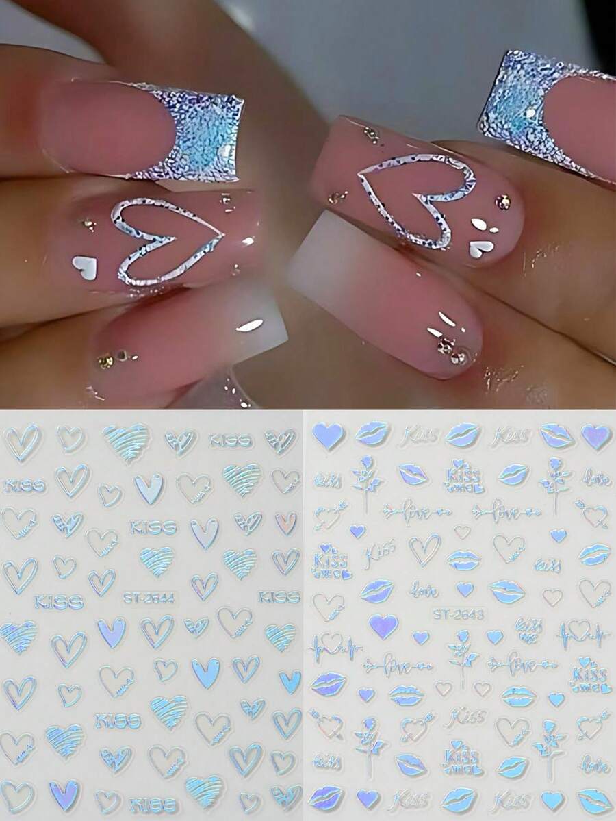 FULL BEAUTY 2片装全息心跳美甲贴纸，激光银色浪漫玫瑰情书婚礼美甲贴花，美甲用品 - 彩色 - 查看 1