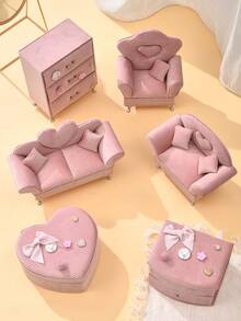 1 Pc Adorable Mini Plush Sofa Shaped Storage Box, Heart Design Gift Box For Women, Suitable For Jewelry, Cosmetics, Electronics Accessories And Jewelry Display - Hot Pink - View 2