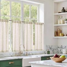 Boho Kitchen Curtains 24 Inch Linen Tier Curtains With Geometric Pattern Bohemian Cafe Small Filtering Window Treatment Living Room RV Back Tab 2 Panels Green On Linen - 26"W X 24"L (Pack Of 2) + Liora | Green On Linen - View 9