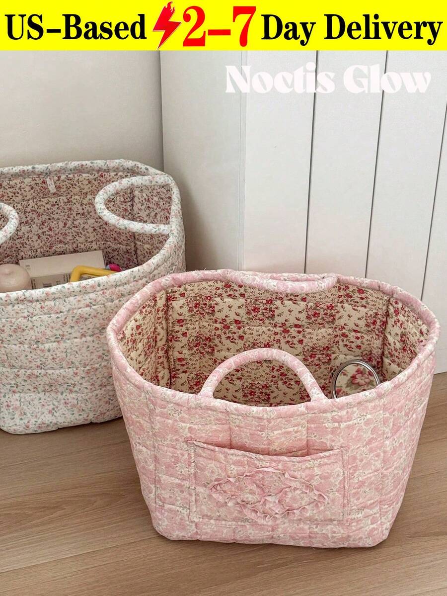 Decorative Quilted Floral Print Storage Basket, Collapsible Fabric Organizer – Premium Cotton Linen Blend Material With Quilted Texture And Elegant Flower Design, Exquisite Stitching For Durability, Collapsible Design For Convenient Storage, Suitable For Bedroom Living Room Bathroom Kitchen Nursery And Entryway, Ideal For Organizing Toys Clothes Towels Books Cosmetics Snacks And Daily Necessities, Structured Shape Stands Upright Without Support, Soft Fabric Won't Scratch Surfaces, Enhances Home Decor With Warm And Romantic Aesthetic, Easy To Clean And Long-Lasting, Perfect Gift For Housewarmings Birthdays Christmas And Thanksgiving - 彩色 - 查看 1