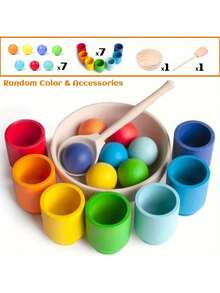 Rainbow Ball Cup Toy, Preschool Wooden Matching Game, Learning Color Sorting And Counting, Fine Motor Early Education Toy, Random Color - Multicolor - View 3