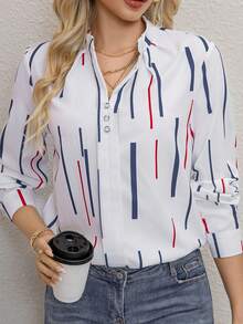 Elegant Long Sleeve Top With Red And Navy Striped Pattern, Machine Washable Non-Tight Fabric, Versatile Casual To Formal Wear For Spring And Autumn Vacation - Multicolor - View 4
