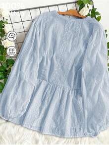 大码女式甜美 V 领长袖高腰刺绣衬衫上衣，适合通勤，春秋季 - 淺藍色 - 查看 2