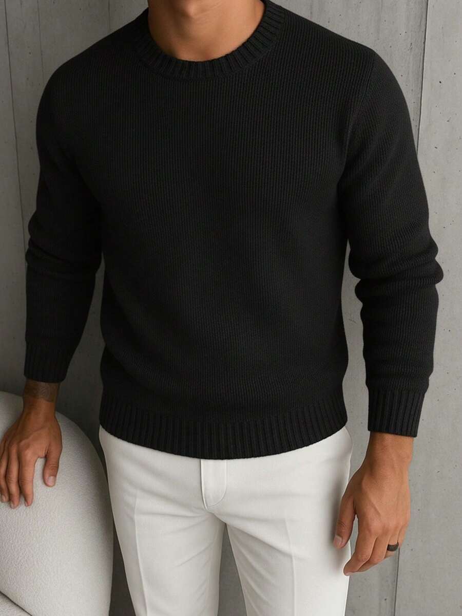 男士圆领7针提花针织长袖毛衣 - 黑色 - 查看 1