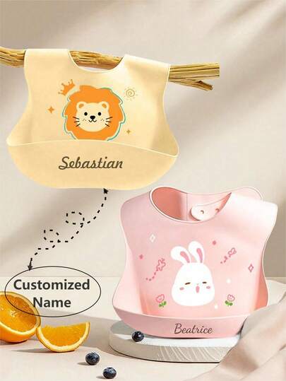 1pc Customized Silicone Baby Bib, Soft, Waterproof, Adjustable, With Cute Rabbit, Bear, Lion, Elephant, Monster Patterns, Personalized Gift For Baby Boys And Girls, Suitable For All Seasons