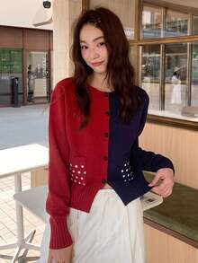 كارديجان محبوك بتصميم جيب بنقاط ملونة للنساء، قابل للعكس باللونين الأحمر والأزرق، بأسلوب أمريكي كاجوال مناسب للخروجات والزيارات والمواعيد في فصلي الخريف والشتاء - الأحمر - مشاهدة 5