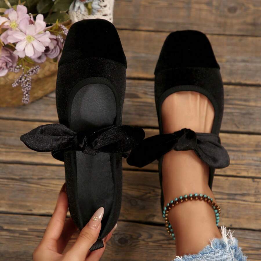 New Low Vamp Versatile Bow Decor French Soft Leather Square Toe Flat Shoes, Spring/Summer,Ballet Flats - Black - View 1
