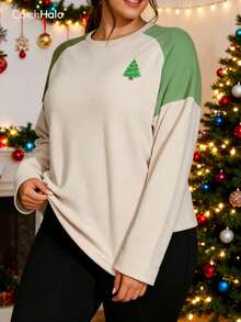 1pc Plus Size Fleece Sweatshirt Beige Colorblock Christmas Top Tree Embroidery Slim Fit Sports Pullover - Apricot - View 5