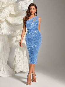 Elegant Sequin Embellished One-Shoulder Fitted Party Dress Wedding Spring - Baby Blue - View 6