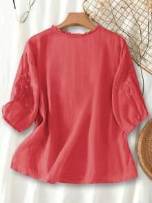 Women's Spring/Summer Viscose Embroidery Lightweight Loose Retro Mid-Sleeve Blouse - Red - View 3