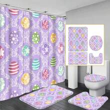 1/4 Piezas Juego de baño para el Día de San Valentín y Pascua, Decoración de baño de estilo moderno, Juego de cortina de ducha impermeable con 12 ganchos, Alfombra de baño antideslizante, Alfombrilla de baño en forma de U, Tapa de inodoro, Adecuado para regalo del hogar