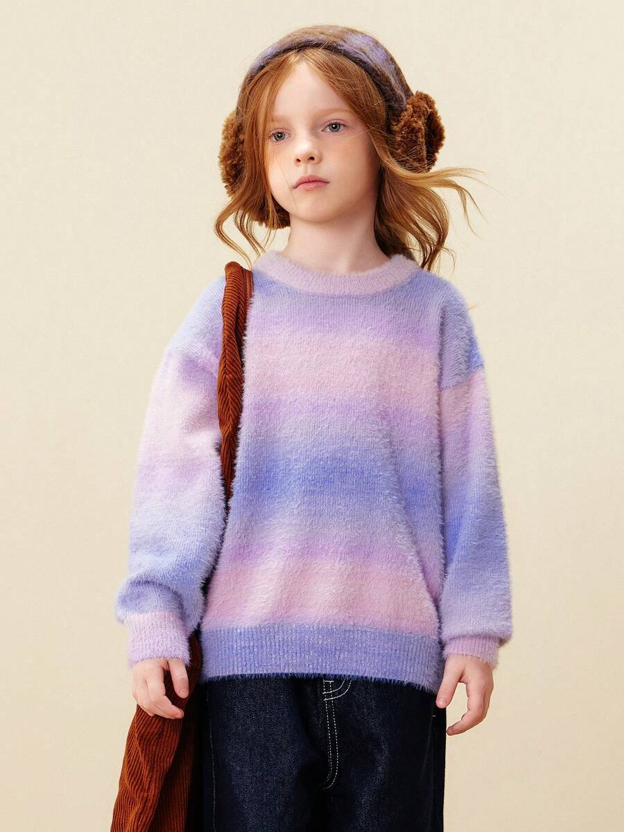 mini bala 2025年冬季女童毛绒绒毛衣，柔软渐变色仿貂绒针织套头衫 - 紅紫色調 - 查看 1