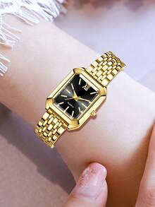 五件套，时尚方形石英女表+时尚椭圆形手工钻石首饰套装，手表手链套装，适合日常佩戴、节日礼物或生日礼物 - 金色 - 查看 4