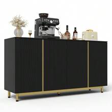 150cm Long Sideboard With Wavy And Ribbed Doors, Adjustable Metal Feet, Modern And Stable Dining Table, Ideal For The Dining Room, Kitchen And Living Room – Black - Black - View 11