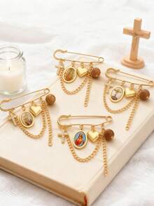 1件优雅复古基督教十字架，圣母玛利亚心形链条胸针，适合女性日常佩戴，也适合派对、节日、仪式、洗礼等场合，是送给朋友、家人、情侣的礼物，亦可作为珠宝首饰。 - 彩色 - 查看 2