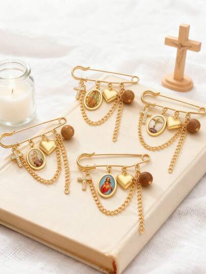 1 pieza Elegante broche vintage con forma de cruz cristiana, Virgen María, cadena con forma de corazón, adecuado para que las mujeres lo usen a diario, en fiestas, vacaciones, ceremonias, bautizos, como regalo para amigos, familia, parejas, joyería