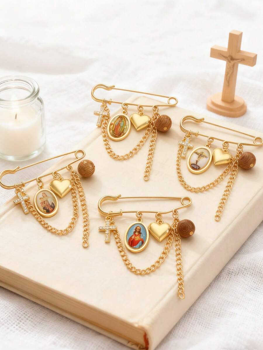1件优雅复古基督教十字架，圣母玛利亚心形链条胸针，适合女性日常佩戴，也适合派对、节日、仪式、洗礼等场合，是送给朋友、家人、情侣的礼物，亦可作为珠宝首饰。