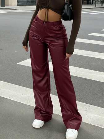 Women Spring American Stylish Glossy Coated Straight Leg High Waist Fashion Casual Faux Leather Wide Leg Pants