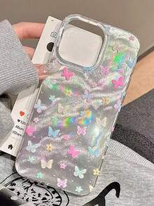 彩虹色花卉和蝴蝶印花手机壳适用于 16 Pro Max/15 Pro/14/13/12/11，创意独特保护保险杠保护套，适用于女性，防水防震防摔防刮 - 銀色 - 查看 2