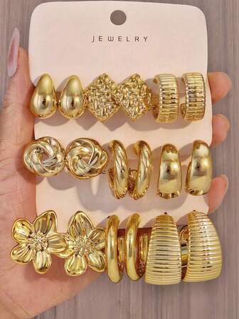 3/9 Pairs Gold-Plated Geometric Textured Flower & Water Drop C-Shaped Earrings For Women, Suitable For Daily Wear, Holiday Gift For Family And Friends