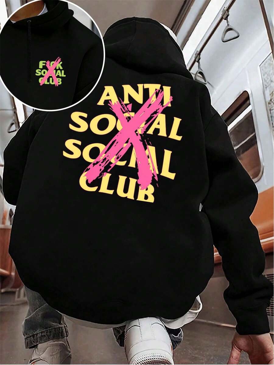 Mens Black Anti Social Club Hoodie Quality Fabric, Loose Fit, Comfort Fit, Casual, Statement Print, Double-Sided Printed - 黑色 - 查看 1