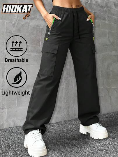 Hidkat 女士轻薄纯色工装裤，轻薄透气面料，抽绳腰带配拉链口袋，工装贴袋设计，适合户外、运动、日常穿着，春秋季款。