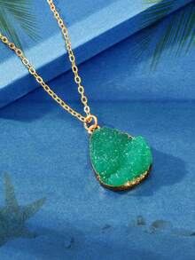 1 pieza Collar con colgante de lágrima verde con cadena dorada de estilo bohemio chic para fiesta, verano, vacaciones, cita, playa, accesorio de joyería para mujer - Verde - Ver 2