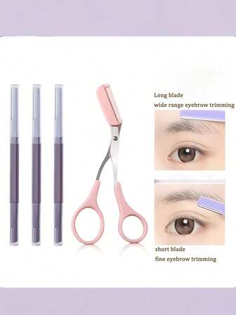 1件/3件/4件套修眉工具套装，包含眉刀、弯月形眉刀、眉毛修剪器、镊子、剪刀、梳子、化妆配件、眉刀