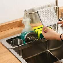 Elegant Design, Expandable Stainless Steel Kitchen Sink Organizer – Draining Rack With Sponge Holder, Suitable For All Sinks - màu đen - Xem 1