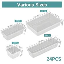 24 件套透明塑料抽屉整理器套装，4 种尺寸抽屉托盘，适用于浴室、办公室、厨房橱柜和梳妆台整理器、办公桌整理箱，用于珠宝、化妆品、用具返校宿舍存储 - 透明24pc抽屜收納盒 - 查看 8