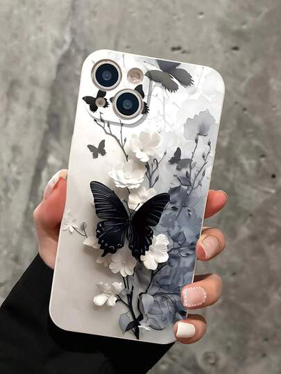 Funda de teléfono antideslizante con borde recto y mariposa pintada en negro, blanco y gris para iPhone 14 Pro Max, 13, 11, XR, 7/8, Galaxy S24, A03s, A04, A12, A13, A14, A21s, A22, A23, A24, A32, A33, A34, A51, A52, A53, A54, A71, A72, A73, S20 FE, S21, S22, Redmi 9, 9A, 10A, 10C, Note 9, Note 10, Note 11, Note 12, 12, 12C