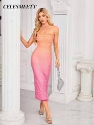 Strapless Elegant Sequin Beaded Sexy Slim Fit Orange Pink Gradient Midi Bodycon Prom Dress For Party Spring Summer Valentine's Day, Wedding