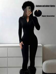 Women's Stand-Up Collar Zippered Bodysuit Autumn And Winter - Black - View 2