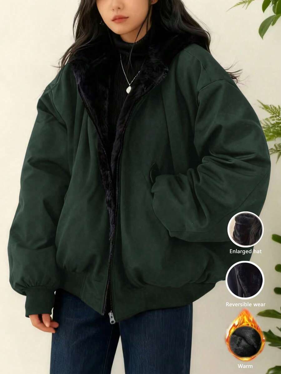 女式超大号连帽派克大衣，仿毛领，修身廓形，双口袋，可双面穿，休闲街头风，秋冬短款夹克 - 墨綠色 - 查看 1