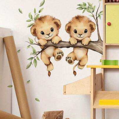 1pc Watercolor Two Little Lions Animal Wall Sticker - PVC Self-Adhesive Decorative Sticker - Forest Animal Room/Playroom Corner Decor/Bathroom Toilet Decor/Home Decor & Birthday Gift Wall Decor Sticker, Creative Sticker, Fun Sticker, Easy To Apply And Remove, Novelty Item, Suitable For Home Decor, Home Decor Items, Wall Stickers And Wall Decor, Wall Decals, Art Decor, Great Choice