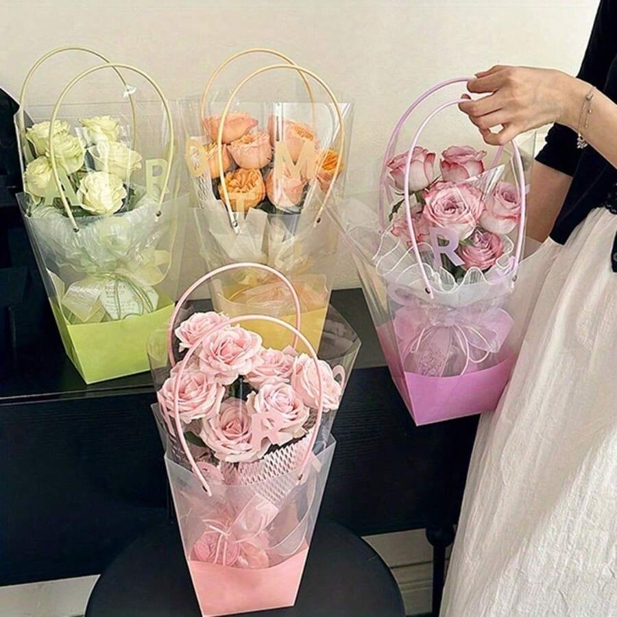 10 chiếc túi quà trong suốt hình thang đựng bánh macaron, túi cắm hoa cầm tay chống thấm nước, túi đựng bó hoa, túi tote nghệ thuật cắm hoa cho Ngày Valentine, Kỷ niệm, Sinh nhật, Ngày của Mẹ. - Nhiều màu - Xem 1
