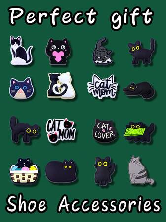 16 piezas Juego de encantadores de zapatos de la serie de gatos negros adorables, decoraciones de zapatos de PVC para bolsas de playa, accesorios de zapatos, idea de regalo para cumpleaños, Navidad, San Valentín, fiestas de Halloween