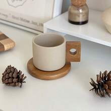 2pcs Ceramic Cup + Wooden Coaster Set, High-End Ceramic Cup, Water Cup, Mug, Minimalist Retro Coffee Cup, Milk Cup, Office Mug - Brown - View 3