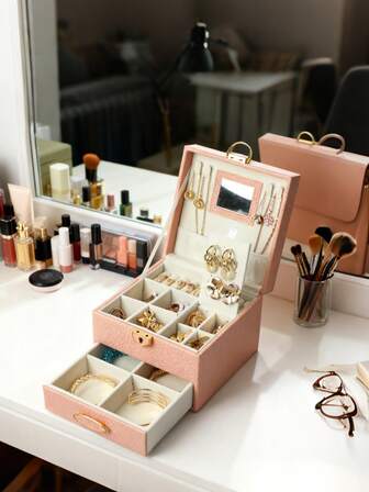 BOOVO Women's Jewelry Box, Two-Layer Jewelry Organizer With Mirror. Designed For Displaying And Storing Jewelry. PU Leather Surface, Soft Velvet Lining For Added Protection. Also Suitable As A Women's Gift Box.