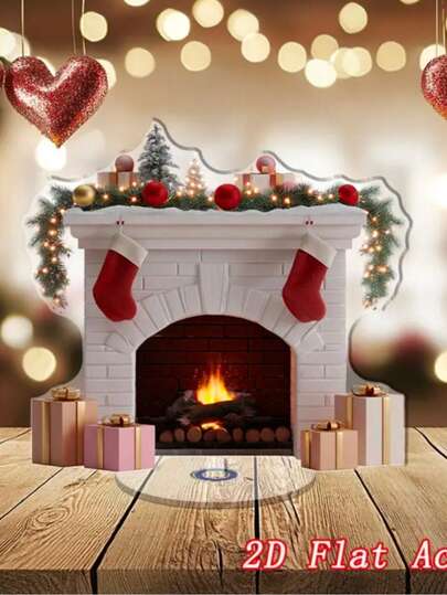 2D 平面亚克力壁炉场景装饰 - 节日冬季家居装饰，带有闪烁灯光和红色圣诞袜，无需电源，非常适合圣诞节庆祝活动、节日桌面摆设、壁炉装饰、家居装饰、迷你摆件、家居饰品、新款圣诞装饰品