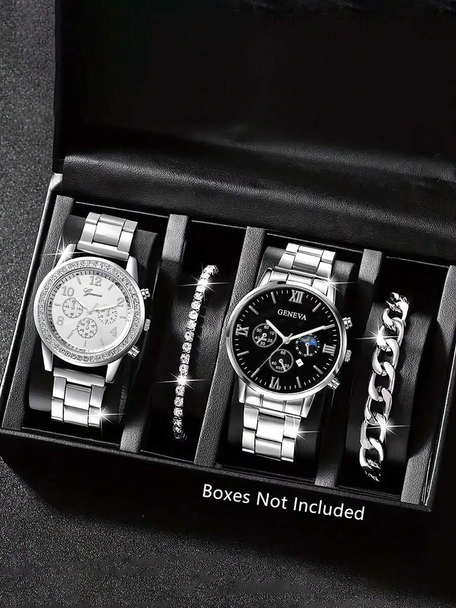 2pcs/4pcs Couple Watches Set, Men's Business Calendar Quartz Wrist Watch, Fashion Crystal Quartz Watch & Bracelet Suit, Suitable For Daily Wear, Back To School, Graduation, Thanksgiving, Couples, Best Gift. No Watch Box Included. - A - View 1