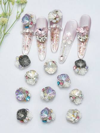 4PCS Lridescent Chunky SquareCamellia Nail Charms, Luxury-Style 3DWhite Flower Inlaid With Chunky SquareRhinestone Accents, Nail Art Supplies ForLong And Short False Nail Decorations