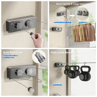 Retractable Twin Clothesline Indoor, Non-Sagging Outdoor Clothes Line Retracting Heavy Duty Clothes Drying Laundry Line Wall Mounted Stainless Steel Line-13.8Feets(Double Line-Gray)