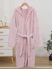 1pc Women Student Solid Color Jacquard Coral Fleece Soft Absorbent Warm Casual Home Cute Hooded Bathrobe Bath Robe Morning Robe Long Robe Loungewear Bathing Swimming Travel Personal Use Gift - Multicolor - View 16