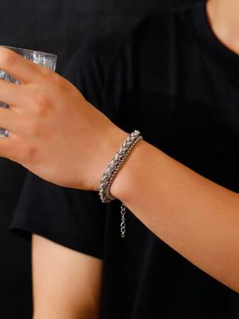 1pc Simple And Stylish Men's Stainless Steel Double-Chain Bracelet With A Hip-Hop Style, Suitable For Parties, Gatherings, Hip-Hop Street Events, Everyday Wear, And As A Gift.