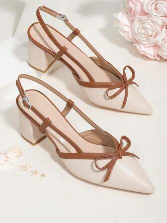 Beige & Brown Bow Tie Pointed Toe Sandals, Chunky Heel Ankle Strap Gentle Commuter Summer Women Shoes, Buckle Closure, Suitable For Wedding