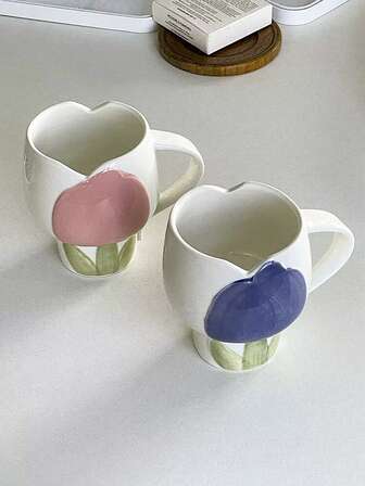 1pc INS Style High-Quality Tulip Ceramic Mug, Coffee Cup, Breakfast Milk Oatmeal Cup, Office Water Cup, Home Afternoon Tea Latte Cup, Juice Beverage Cup, Holiday Gift Cup For Family And Friends
