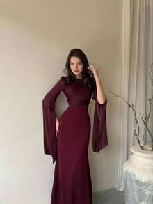 Women's Round-Neck Batwing Sleeve Evening Dress - Slim Fit Luxury Sexy Evening Dress For Women - 酒紅色 - 查看 2