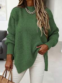 Série de Malha Casual Urbana Verde-Lima Plus Size, Suéter Folgado, Roupa Casual Confortável e Versátil para Outono/Inverno, Design Minimalista para Casa e Transporte, Coleção de Malha Feminina, Lançamento Novo 2026 - Verde - Visão 3